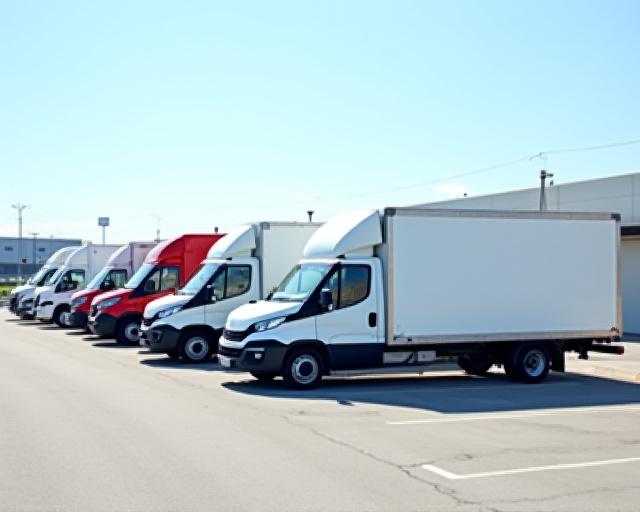A lineup of commercial vans and light trucks representing a vehicle fleet.