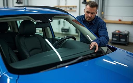 Technician carefully installing a new windshield on a modern SUV.